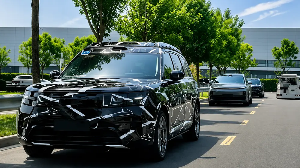 Прототип нового SUV на тлі сучасної міської локації Камуфльований позашляховик-прототип на оновленому тлі під час тестового заїзду.
